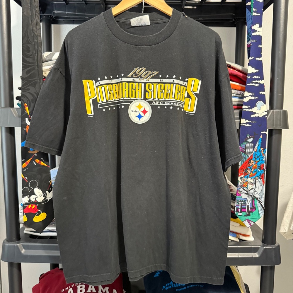 Vintage 90s Black Pittsburgh Steelers 1997 Schedule Tee XL Minor Thrashing